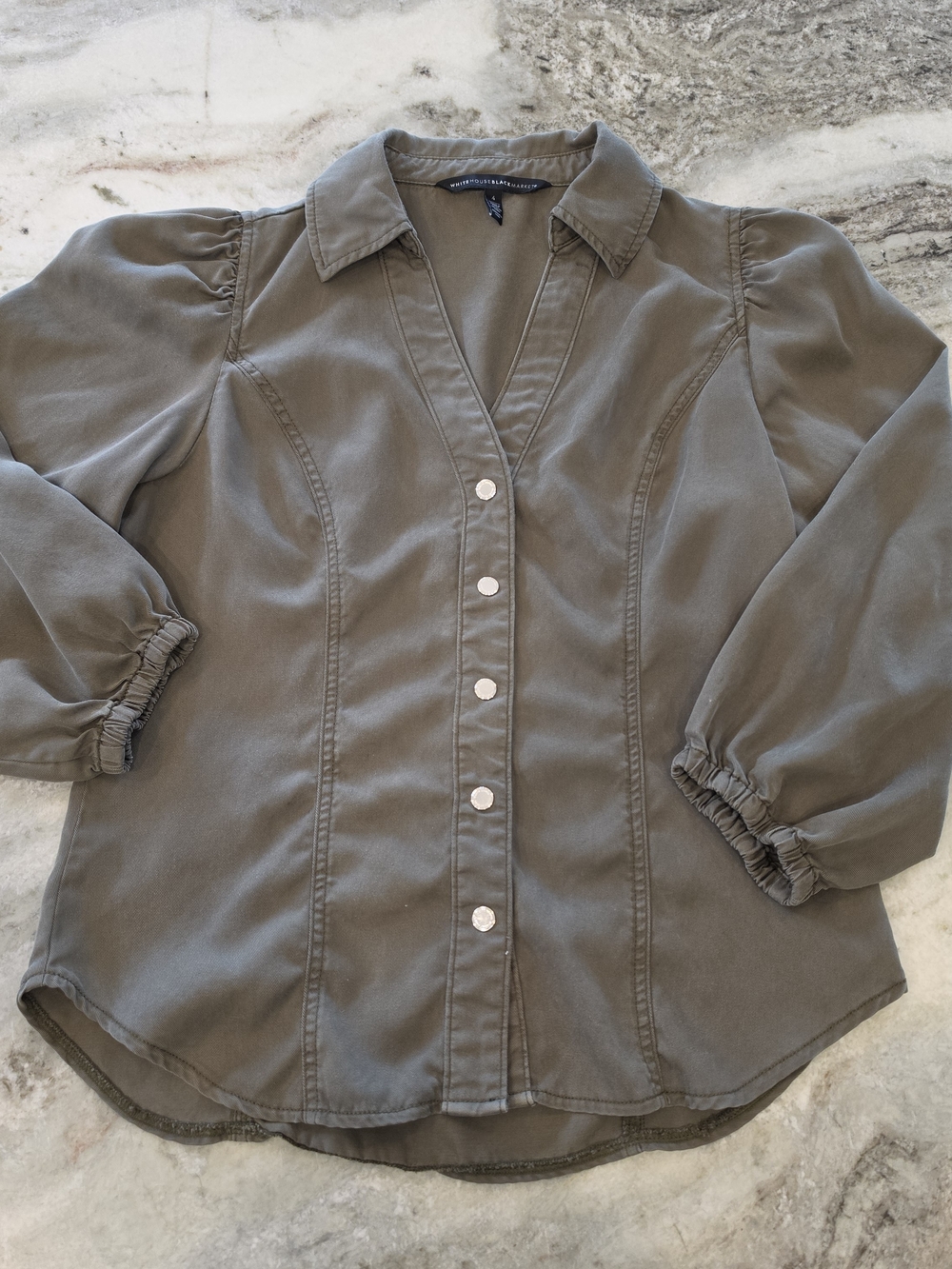 White House Black Market Olive Button-Front Puff Sleeve Shirt